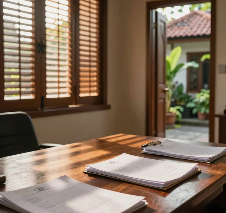 Wide environmental shot of a Balinese office interior at dusk, warm north-facing daylight through louvred shutters casting long parallel shadows across a teak desk with open legal documents, lush courtyard visible through a narrow doorway to the right, no people present