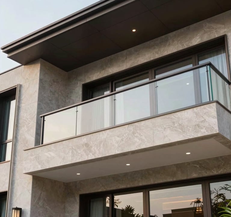 A close-up of high-end modern villa architecture in Hoai Tan, featuring luxury stone cladding and large balconies with glass railings. The image exudes prestige and success, tailored for Southeast Asian / Vietnamese luxury real estate.