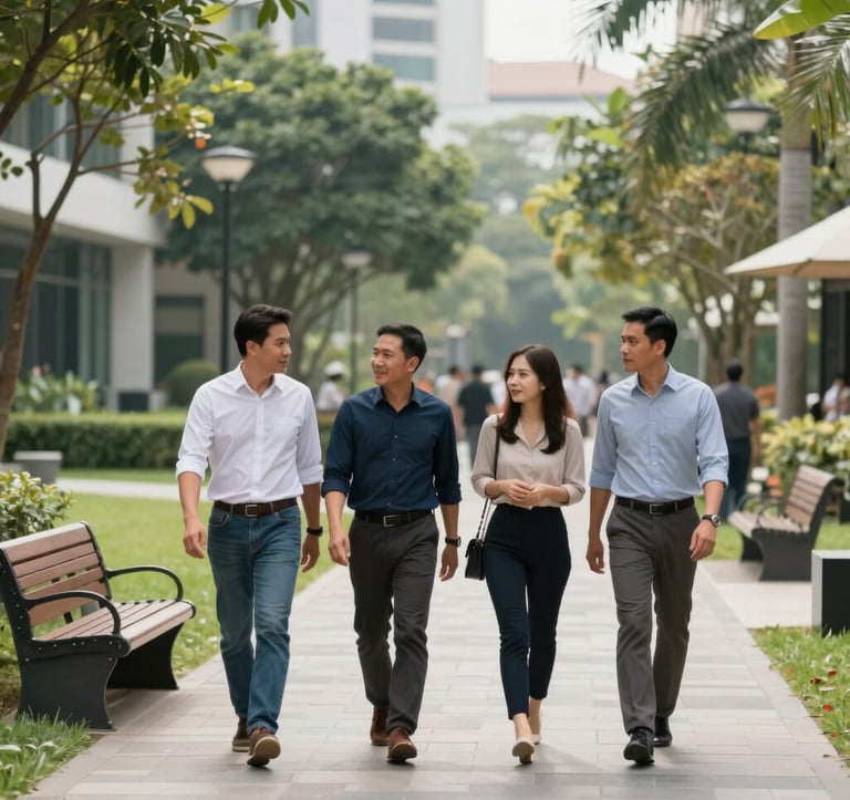 A group of Southeast Asian / Vietnamese neighbors walking and talking in a modern, well-lit landscaped park with high-end benches and paved paths. The setting conveys a prestigious, safe, and civilized community atmosphere.