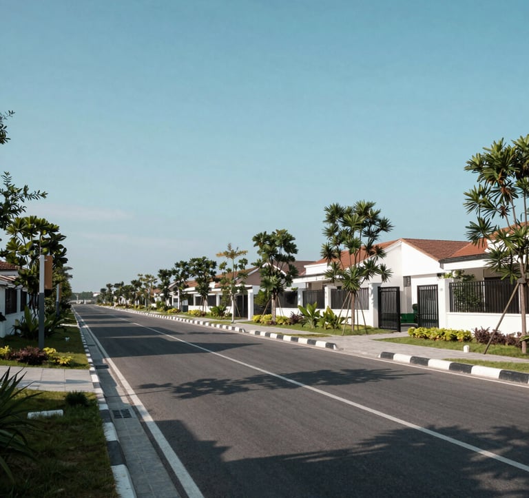 Clean architectural photography of a new residential street in Hoài Nhơn, Vietnam. The image shows high-quality asphalt roads, modern drainage, and neatly demarcated land lots under a bright, clear blue sky with soft teal tones.