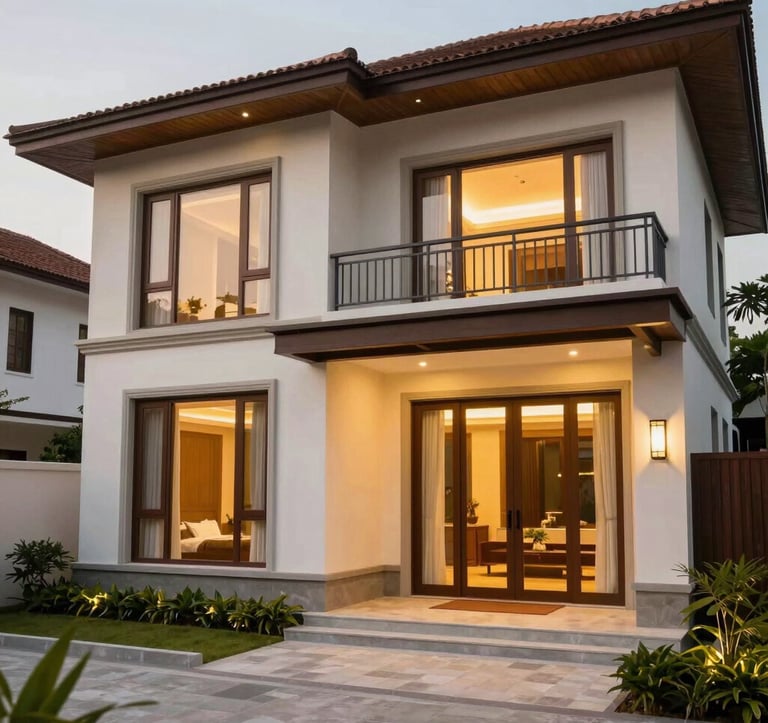 A luxury modern villa with large windows and a balcony, featuring warm gold lighting and professional architecture in a Southeast Asian / Vietnamese setting, surrounded by clean landscaping.