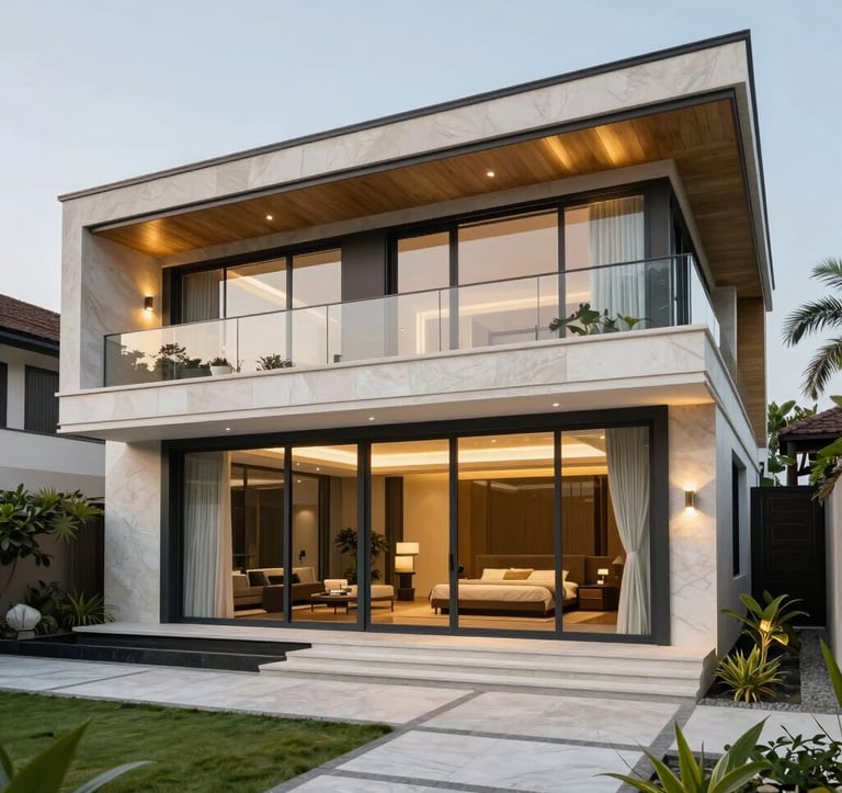 Luxury exterior photography of a contemporary villa prototype in a Southeast Asian / Vietnamese setting, featuring floor-to-ceiling glass, elegant stone accents in gold and off-white colors, and a private landscaped garden.