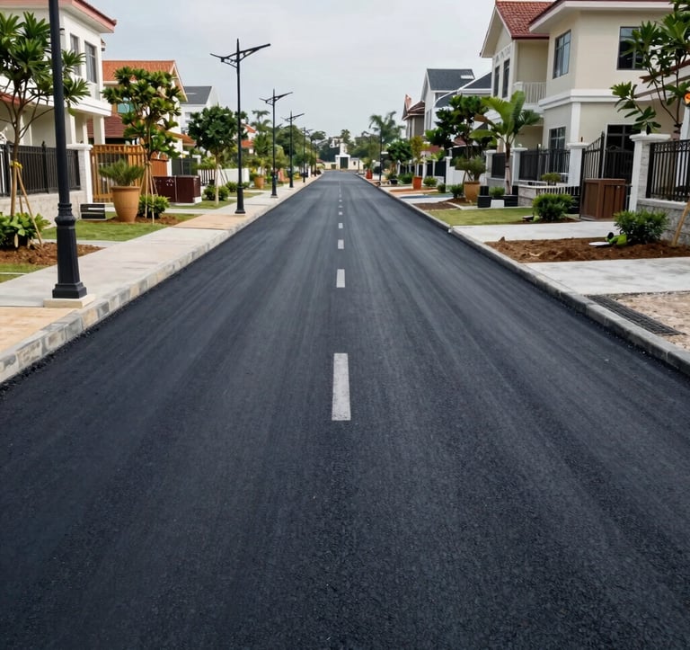 A clean, wide-angle shot of a newly paved asphalt road in a residential project in Southeast Asian / Vietnamese region, with elegant street lamps and organized drainage, representing high-quality infrastructure.