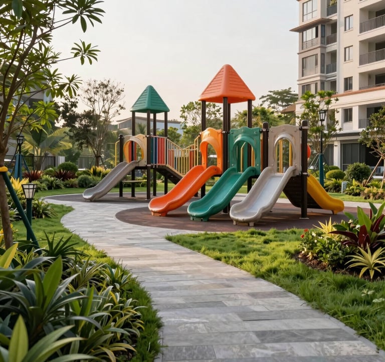 A lifestyle photography shot of a vibrant community park in Vietnam within a residential project, showing modern playground structures, stone walkways, and tropical greenery in the soft morning light.
