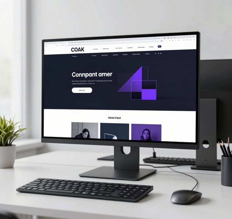 A sleek, modern desk setup in a bright North American office. A high-resolution monitor displays a minimalist, dark-themed website layout with purple highlights. The composition is clean, airy, and professional.