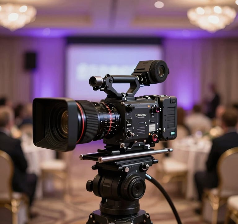 Professional photography of a cinematic camera setup at a corporate event in a luxury North American hotel ballroom. Shallow depth of field, with soft purple stage lighting in the background. Authoritative and high-end.