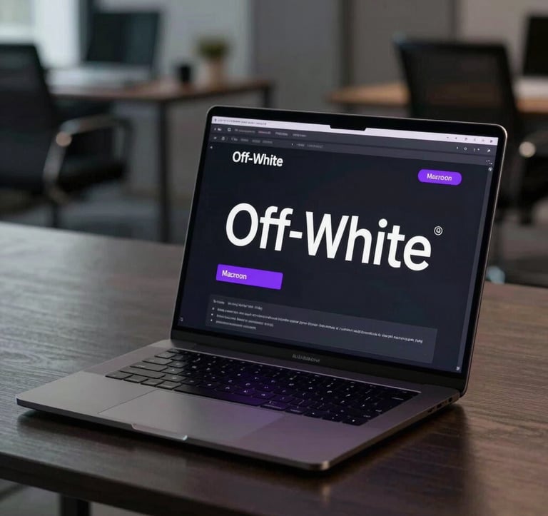 An ultra-slim, dark aluminum laptop open in a dimly lit, high-end North American office, the screen showing a sleek, fast-loading digital interface with Off-White typography and Macroon Purple accents.
