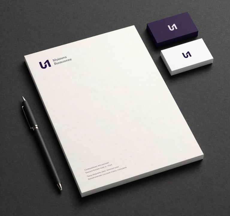 Photography of a high-end business stationery set including a letterhead and thick business cards on a Dark Charcoal textured background. The designs feature minimalist typography in Off-White and a subtle Macroon Purple logo. The composition is clean and symmetrical, shot in a bright US design studio.
