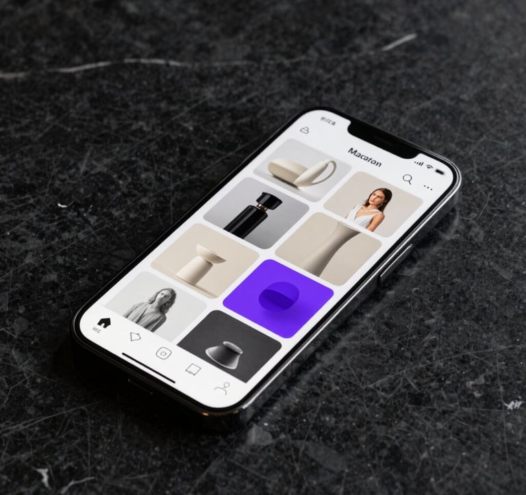A high-end smartphone lying on a Deep Space Black marble table, screen displaying a curated, minimalist social media feed with high-contrast Off-White and Macroon Purple imagery, elegant North American luxury setting.