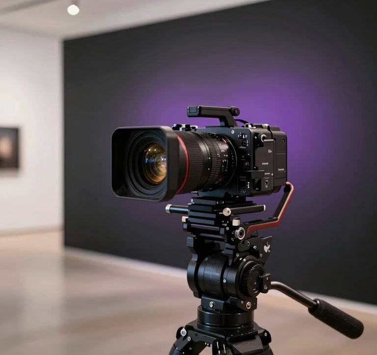 A cinematic shot of a professional camera on a gimbal, capturing a high-end corporate event in a minimalist gallery in the US. The background is a Deep Space Black wall with a subtle Macroon Purple glow, reflecting on the camera lens. The focus is sharp on the equipment, symbolizing technical precision.