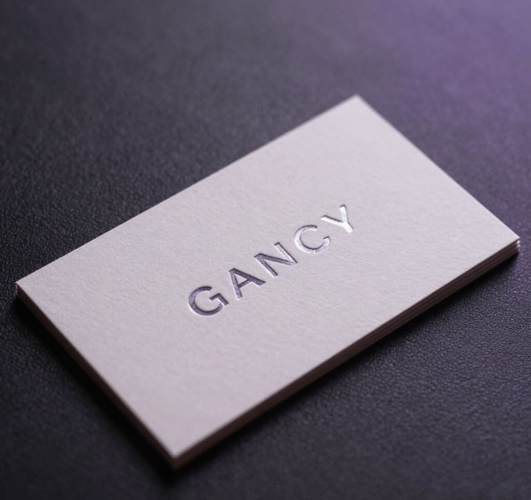 Close-up of premium, minimalist business cards with embossed silver typography resting on a dark charcoal leather surface. Soft purple side-lighting. North American executive aesthetic, sophisticated and sharp.