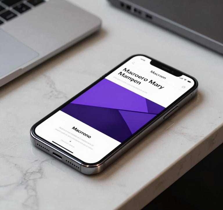 A professional, macro-focused photograph of a sleek smartphone screen displaying a high-contrast web design with Macroon Purple accents. The phone rests on a polished Off-White marble surface in a modern North American executive suite, with soft, directional lighting highlighting its clean edges.