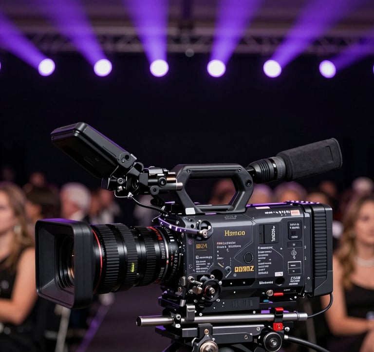 Professional cinematic video camera setup at a prestigious gala in a major North American city, capturing an elegant scene with soft Macroon Purple spotlights against a Deep Space Black background.