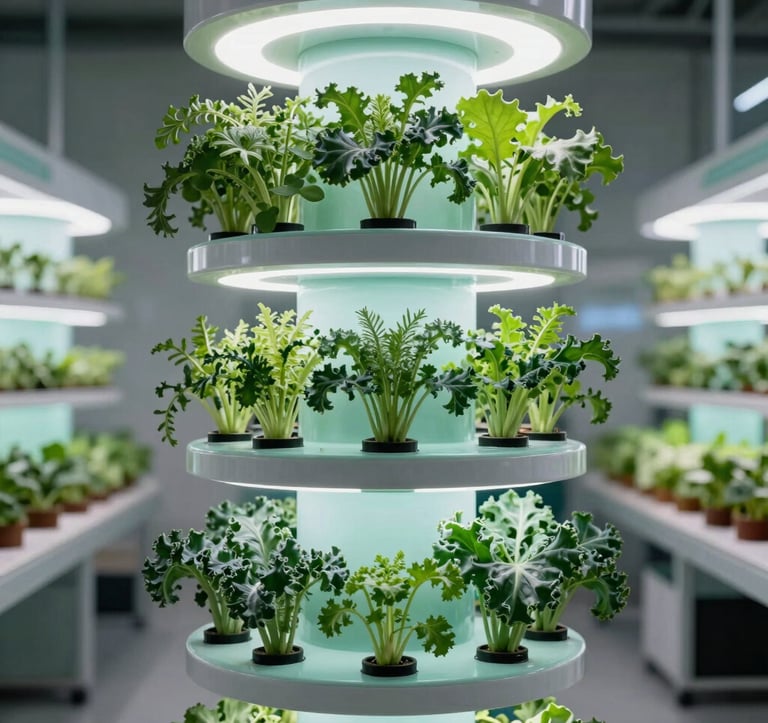 A vertical hydroponic tower system standing tall in a commercial facility, lush fresh herbs and kale sprouting from individual ports, water blue and soft mint lighting details, minimalist futuristic design, global commercial agriculture and hydroponics markets.