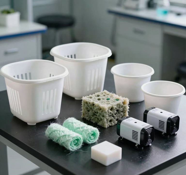 An assortment of high-quality hydroponic accessories: pristine white planting baskets, cubes of rockwool, green planting cotton, and compact small DC water pumps neatly organized on a clean dark slate table, modern laboratory style, bright focused light, professional presentation.