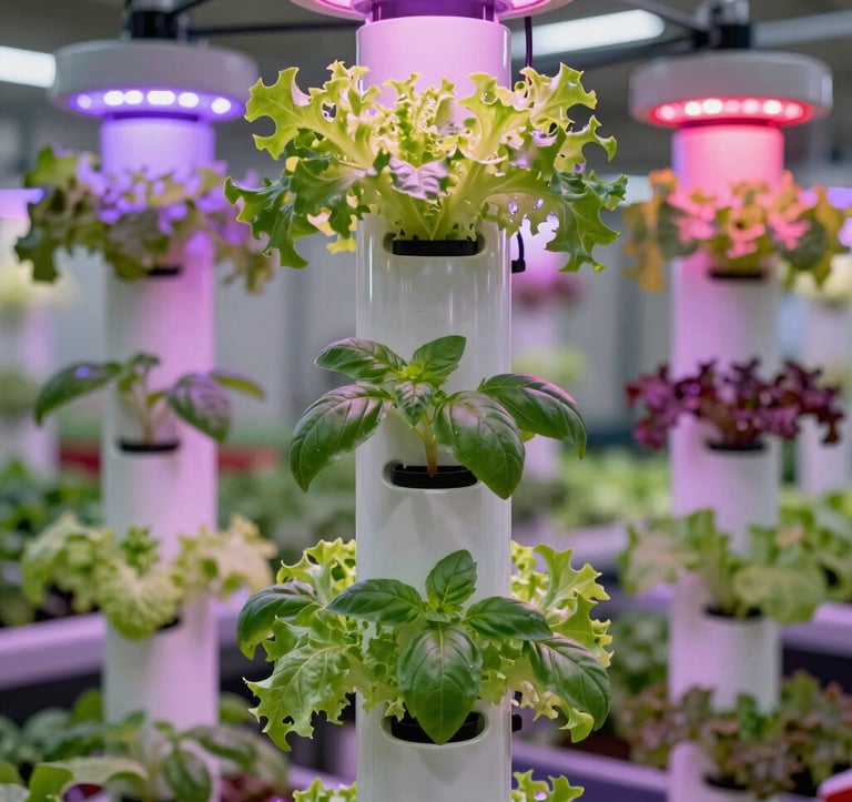 A close-up shot of commercial vertical water hydroponic towers in a highly organized indoor agricultural setup. Robust leafy greens and basil leaves growing out of white tower pockets under modern purple and red tint LED grow lights. Clean, automated, reliable commercial horticulture.