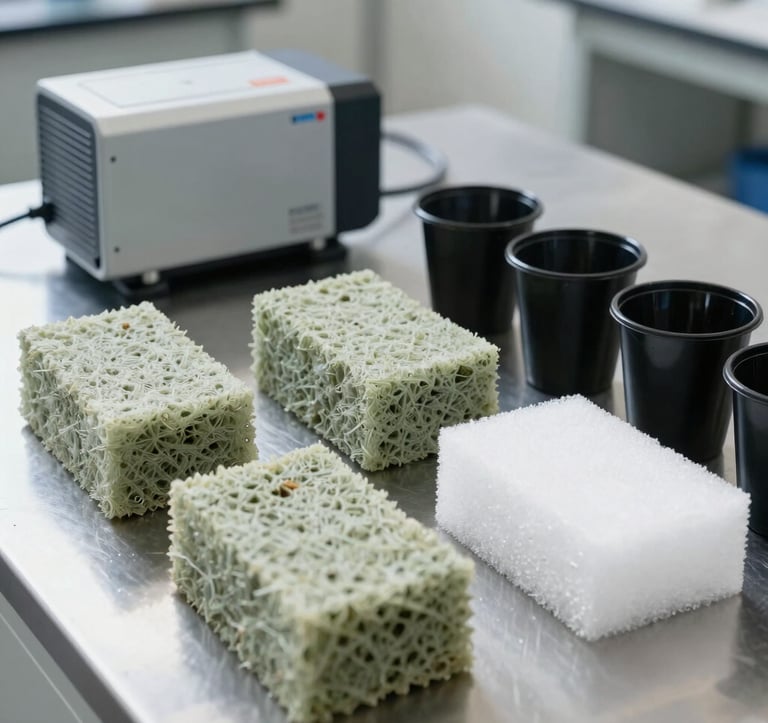 Still life professional photograph of horticultural rockwool cubes, black plastic net cups, and white foam planting sponges arranged neatly on a clean laboratory metal table. In the background, a compact, high-performance DC water pump. Sharp, commercial catalog style. Natural, bright lighting. Colors: pale sage green, dark charcoal, steel gray, and soft white.