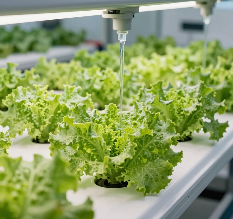 A close-up photograph of a commercial hydroponic NFT system. Vibrant green leaf lettuce growing beautifully in neat white plastic channels. Clear, running nutrient water visible under precise flow controls. Bright, clean agricultural research lab lighting. Professional, reliable tone. Global commercial agriculture and hydroponics markets. Colors: emerald green, soft mint green, deep forest green.