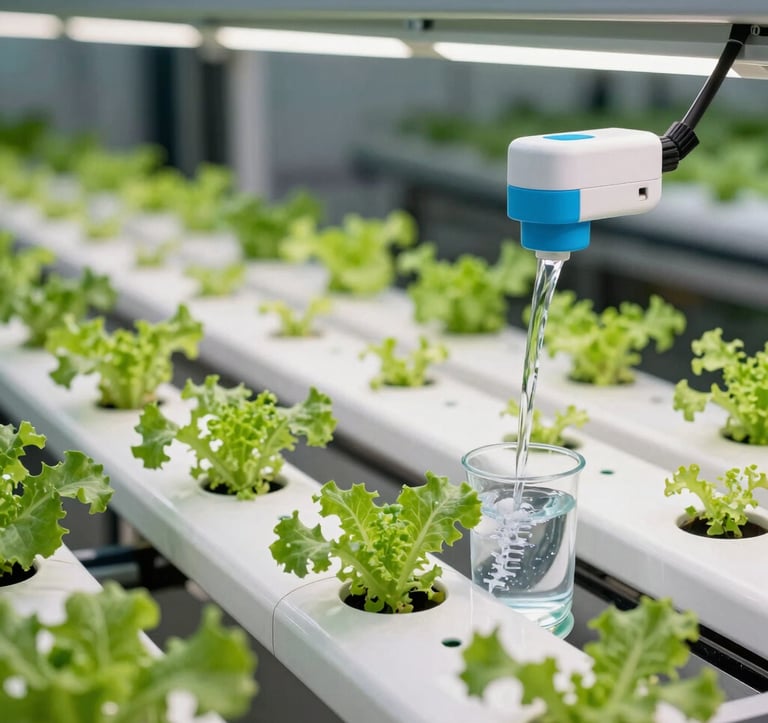A close-up shot of an advanced NFT hydroponic system, with healthy leafy greens growing in clean white PVC channels, clear nutrient-rich water flowing, high-tech design in a commercial facility, professional agricultural lighting, forest green and water blue accents, commercial agriculture and hydroponics markets.