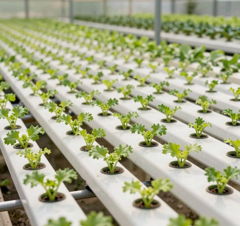 A professional greenhouse interior showing long rows of clean horizontal NFT hydroponic piping. Young crisp green plants are neatly spaced in white PVC channels, showcasing an organized, highly efficient agricultural system. Soft natural sunlight illuminates the setup.