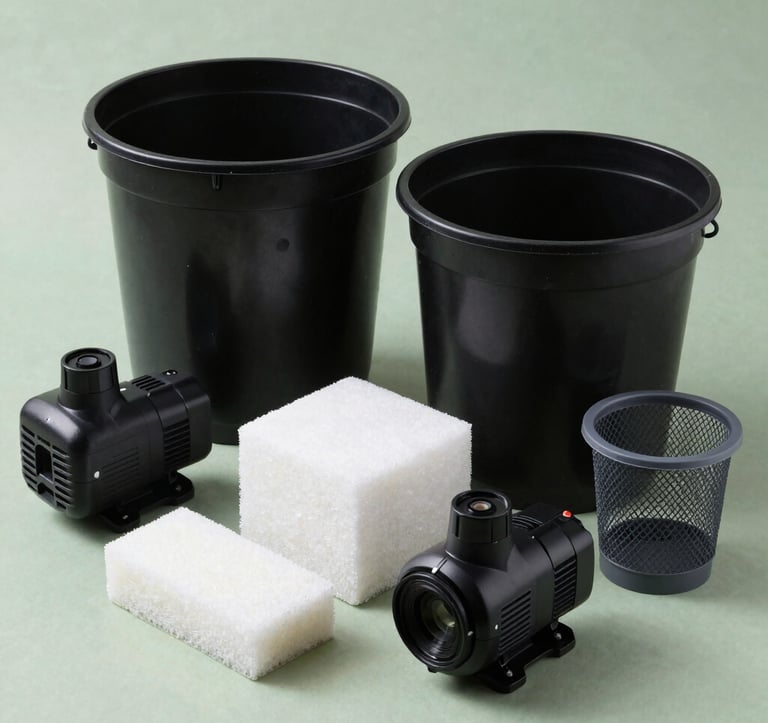 A clean commercial product photography of high-quality hydroponic accessories: sturdy black plastic Dutch buckets, compact black DC water pumps, cubic white rockwool blocks, cylindrical plant starter sponges, and plastic mesh net pots. Neatly organized on a minimalist tech-green surface.