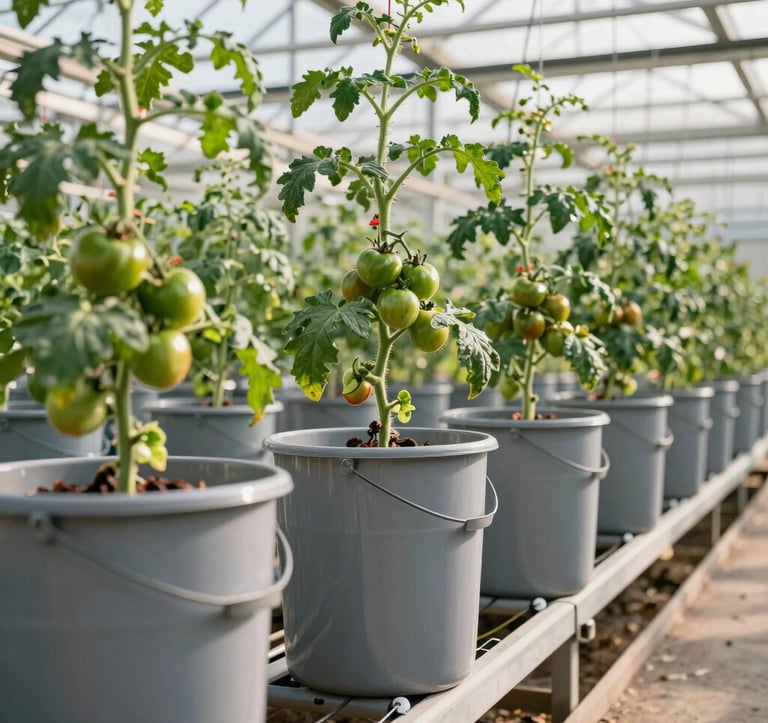 Commercial grade Dutch Buckets arranged in a row inside a bright modern greenhouse, growing healthy tomato vines climbing upward, pristine clean grey buckets connected by drain pipes, professional irrigation lines visible, warm natural sunlight, global commercial agriculture and hydroponics markets.