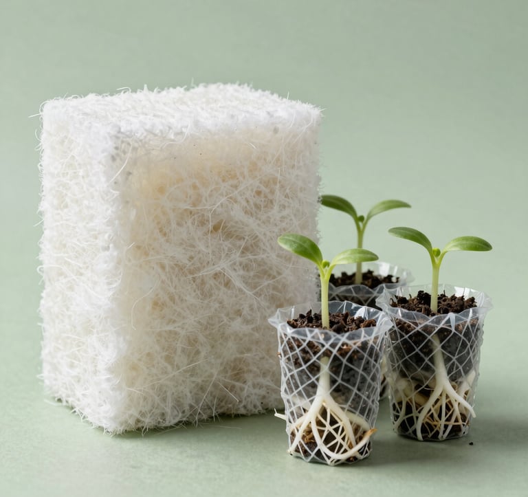 A macro photograph of pristine mineral rock wool growing blocks and net pots containing germinated seedlings with strong white roots visible. Clean background with muted sage green accents. Professional, precise, commercial-grade agricultural supplies. Global commercial agriculture and hydroponics markets.