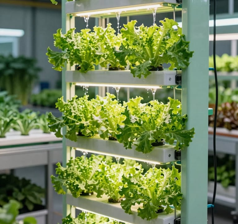 A clean, detailed photograph of sleek vertical hydroponic tower systems filled with vibrant green lettuce and herbs inside an industrial facility. Sharp focus on the water trickling mechanism and the plants glowing under precision lighting. Background features light mint green and deep forest shadow colors. Professional, high-reliability commercial farming equipment. Global commercial agriculture and hydroponics markets.