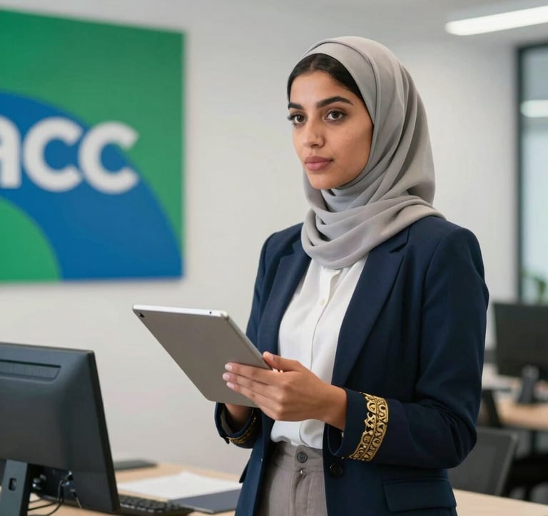 Professional photography of a young Moroccan female entrepreneur presenting her ideas in a bright office space, holding a tablet, North African / Moroccan business attire, green and blue brand accents in the background.