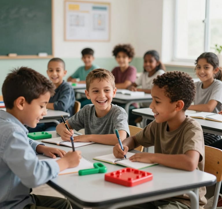 A group of diverse North African children laughing and learning together in a bright, modern classroom with green and red educational tools on the desks.