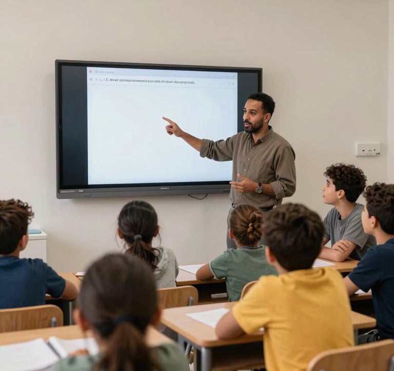 A documentary-style photograph of an interactive educational session in Morocco where a mentor is using a digital screen to teach children, with students looking engaged and enthusiastic in a modern classroom.
