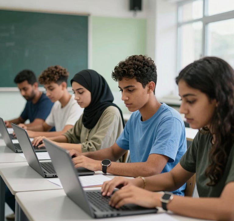 A professional photography of a group of North African youth in a modern classroom, participating in a vocational training session. They are using laptops and collaborating intensely. The lighting is bright and clear, emphasizing a professional educational setting with green and blue accents.
