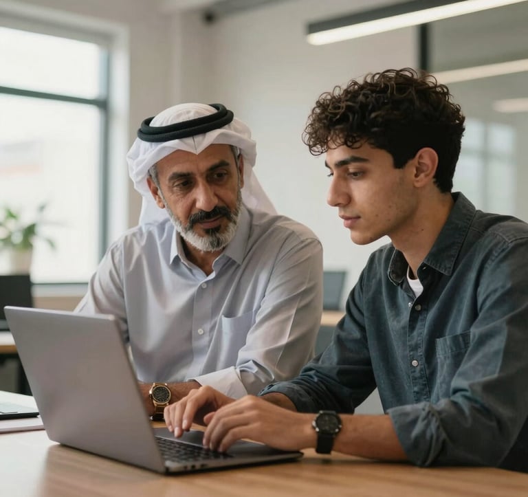 A professional North African mentor in a modern office setting guiding a young adult on a laptop, representing career counseling and entrepreneurial support, lighting is warm and inspiring.