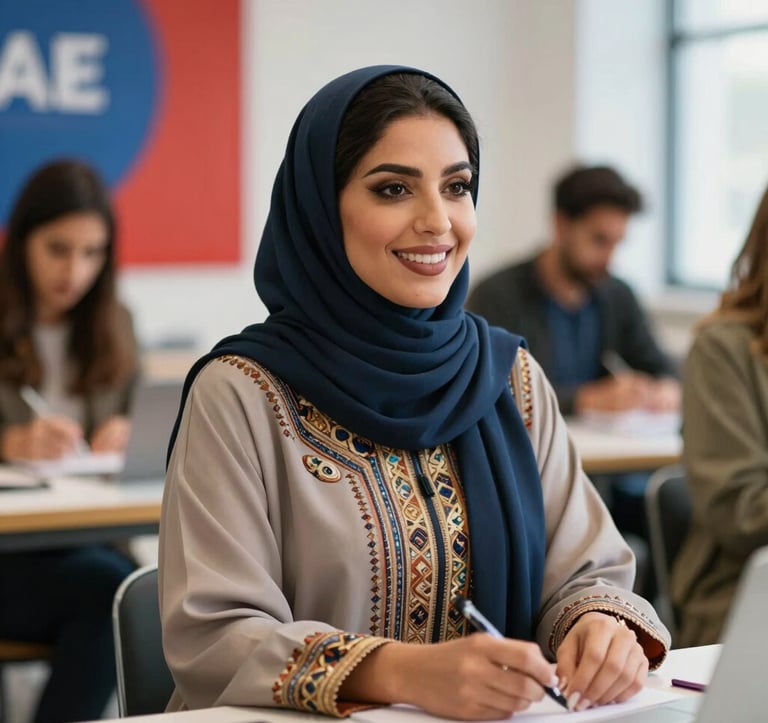 A focused professional photography of a Moroccan woman in a modern workspace, engaged in a creative entrepreneurship workshop. She is smiling confidently, wearing elegant traditional-modern attire. The background is softly blurred with hints of red and blue brand colors.