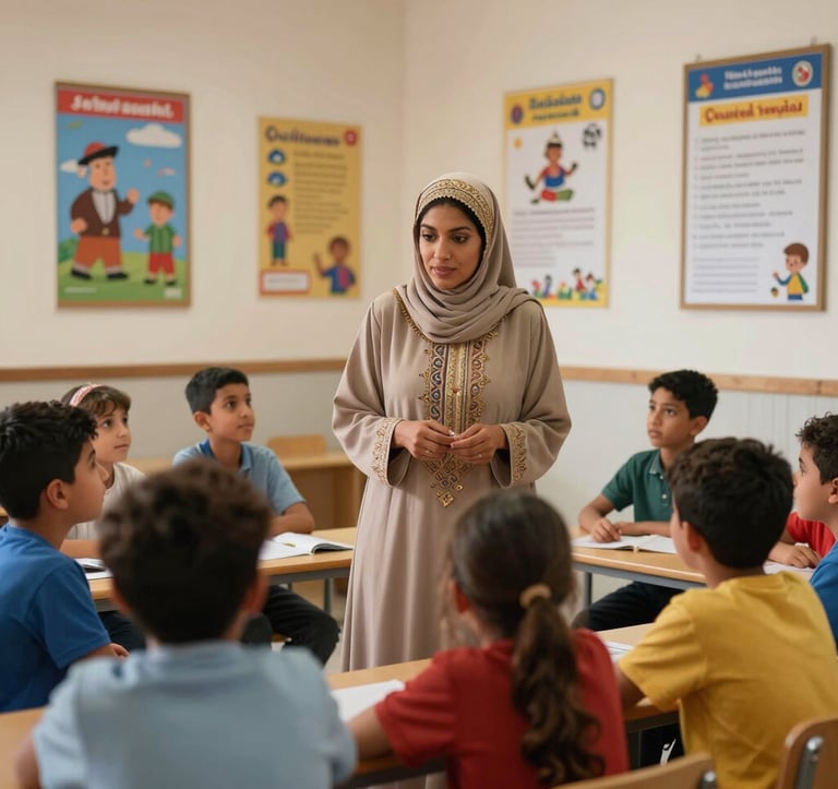 A focused shot of a Moroccan teacher interacting with children in a modern classroom, educational posters on the wall, warm lighting, professional photography, North African / Moroccan environment.