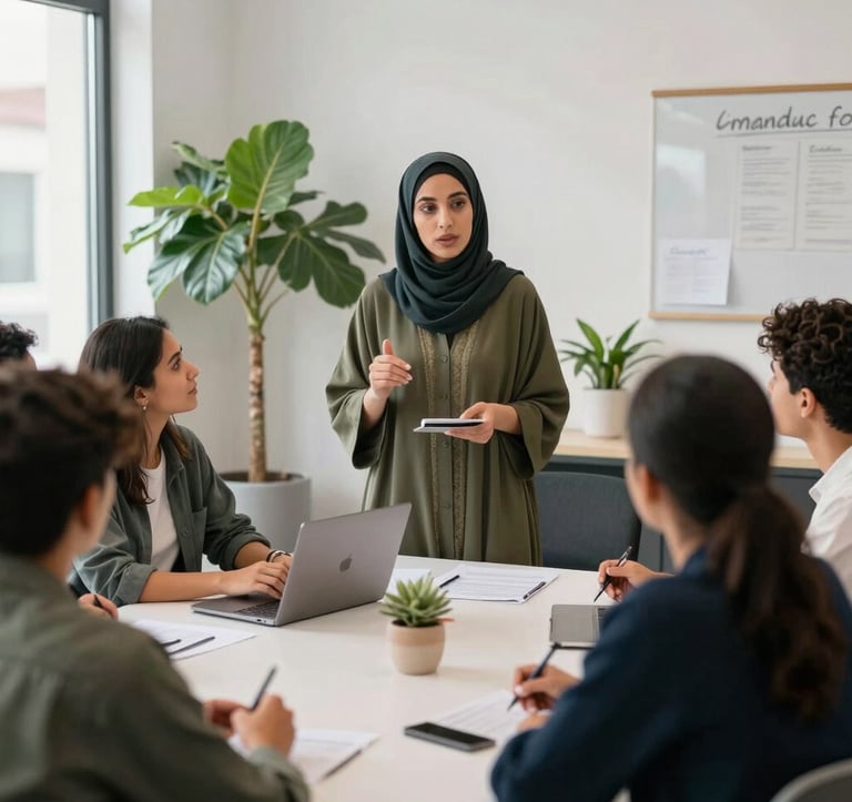 A focused shot of a Moroccan woman professional leading a small business workshop, presenting with confidence to a diverse group of young entrepreneurs in a brightly lit, modern office space with green decorative plants.