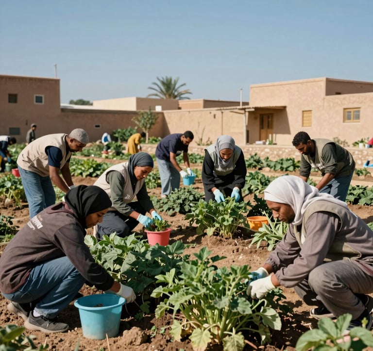 A heartwarming photography of a group of North African volunteers, men and women, working together on a community gardening project in a Moroccan neighborhood. The scene is bright and filled with the green of plants and blue sky, radiating a spirit of empowerment and social service.