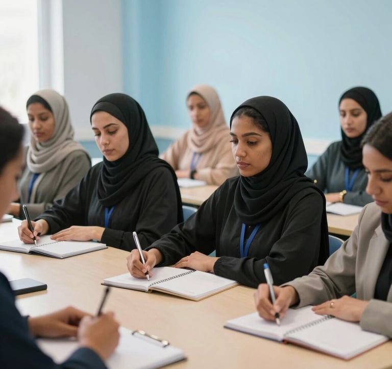 A group of North African women participating in a professional development workshop, sitting around a table with notebooks, in a bright room with light blue accents, focusing on empowerment.