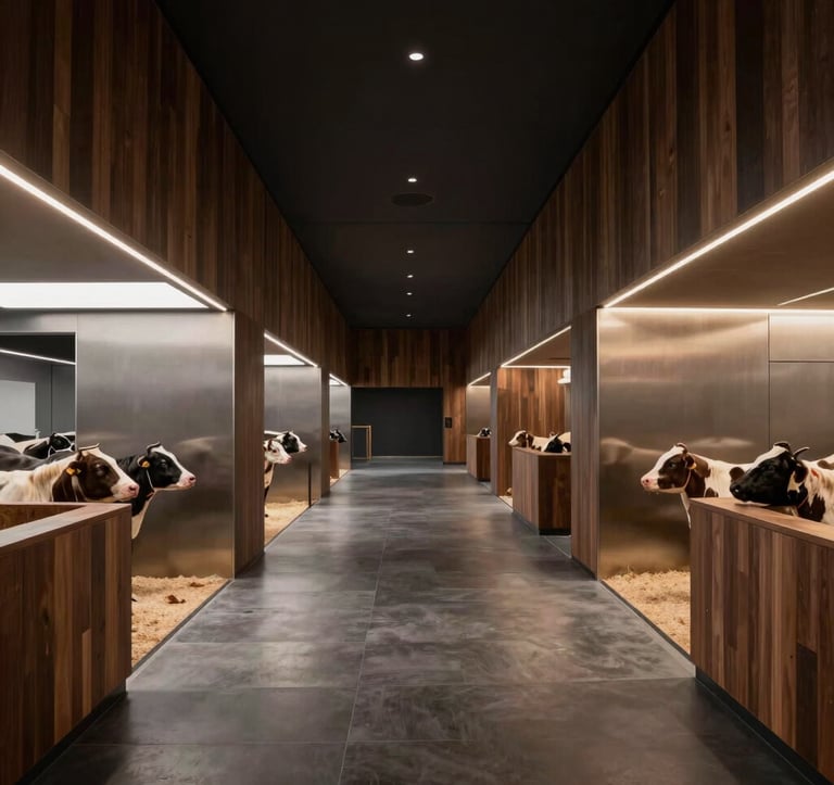 A professional wide shot of a modern, clean-lined breeding facility. The architecture is minimalist with metallic and dark wood accents. The atmosphere is professional and high-tech. Colors include deep brown, black, and muted gold highlights from the lighting.