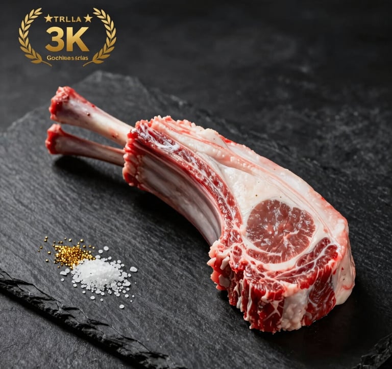 A professional studio shot of a premium lamb rack, raw and perfectly trimmed, resting on a dark black slate surface. The lighting is dramatic and high-end, highlighting the quality and texture of the meat and the gold-flecked salt nearby.