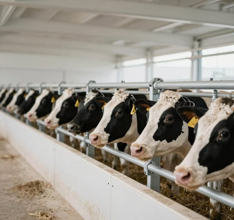 A professional, clean photograph of high-tech livestock feeding infrastructure. The composition features rhythmic lines of polished equipment in a bright, structured environment. The color palette includes off-white surfaces and metallic accents under soft, even lighting.