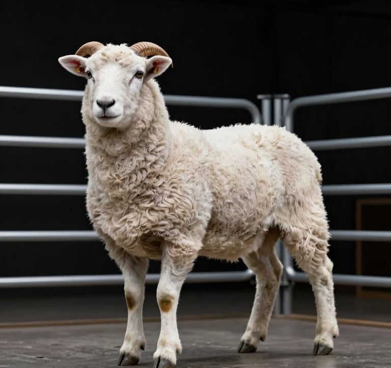 A sharp, high-contrast portrait of a purebred Dorper ram standing in a structured, clean modern pen. The lighting is artistic and dramatic, showcasing the muscular build and high-quality coat of the animal. Minimalist black background.