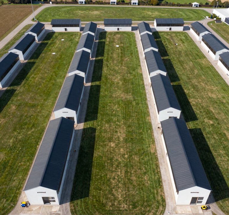 An aerial view of a clean, structured, and modern breeding facility. The layout is perfectly symmetrical, showing green paddocks and sleek dark-colored shelters, representing the precision of the DORPRIME integrated system.