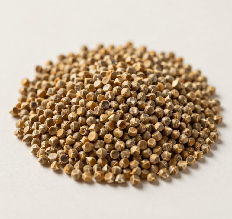 A minimalist, macro photograph of high-quality organic feed pellets. The composition is structured and clean, with a focus on texture and consistency. Lighting is soft, warm gold tones on a clean off-white background.