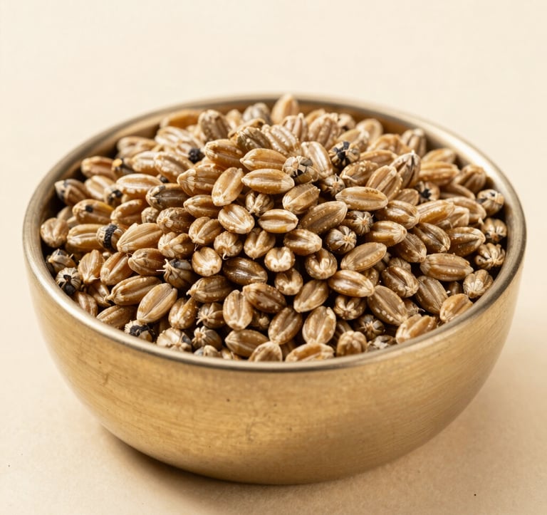 A close-up photograph of high-quality, proprietary livestock feed grains in a clean metallic gold bowl. The lighting is bright and professional, emphasizing the purity and controlled nature of the nourishment, set against a pale cream background.