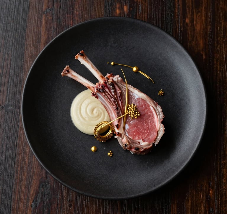 A top-down, minimalist gourmet photography shot of a perfectly prepared Dorper lamb dish on a matte black ceramic plate. Fine gold-colored garnish adds a luxury touch. The background is dark brown wood with soft side-lighting.