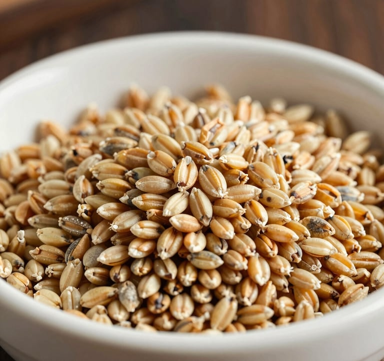 Close-up photography of high-quality, specialized grain feed in a minimalist vessel. The lighting is bright and clean, emphasizing texture. The color palette is warm cream, muted gold, and deep umber shadows.
