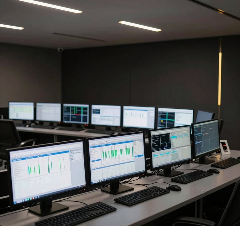 An elegant, professional interior shot of a biosecurity control room. Multiple monitors display clean data visualizations and monitoring graphs. The room is dark with minimalist gold and white status lights, reflecting trust and precision.