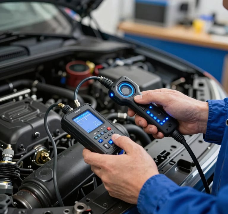 Detailed photography of a professional mechanic's hands using a high-tech diagnostic tool inside a clean engine bay, sharp focus, royal blue lighting accents, modern French workshop setting.