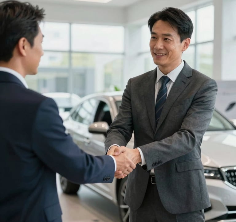 Photography of a professional handshake between an expert and a client in a bright, modern Western European car showroom, soft natural light, clean and premium atmosphere.